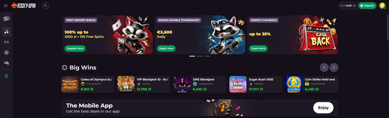 Rockyspin Casino Menu główne